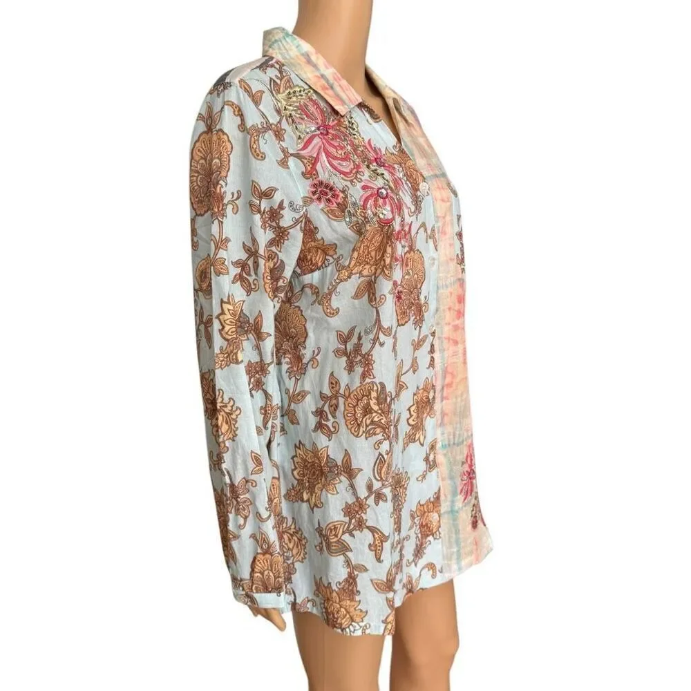 Soft Surroundings Multicolor embroidered embellished tunic blouse 100% cotton L